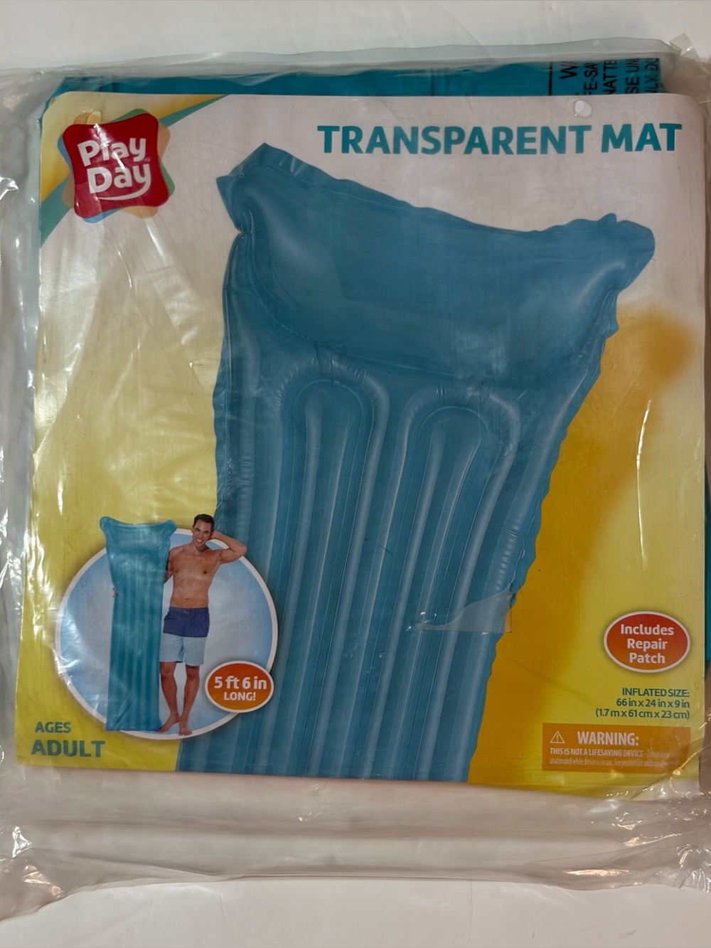 Play Day Pool Blue Inflatable Transparent Air Mat Float  Adult 5‘ X 6“